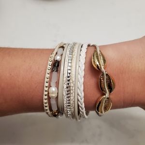 White Leather Gold Seashell Wrap Bracelet Preppy Boho Bride Nautical Party Glam